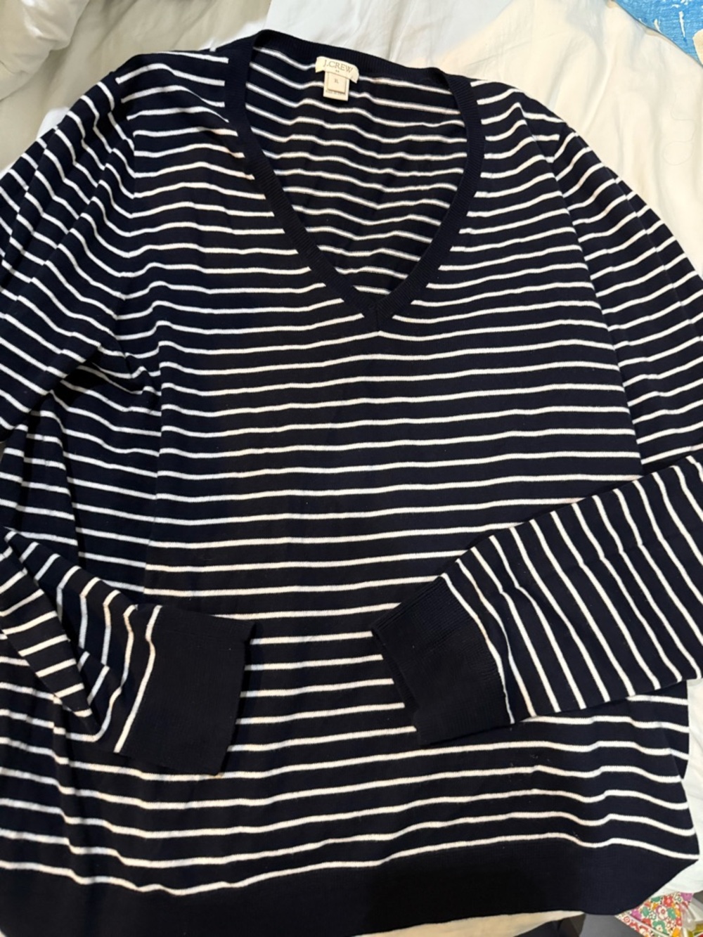 J. Crew Navy and White Striped V-Neck Top